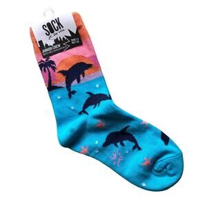 Sock It To Me Blue Orange Tropical Sunset Dolphins Sea Ocean Junior Crew Sock